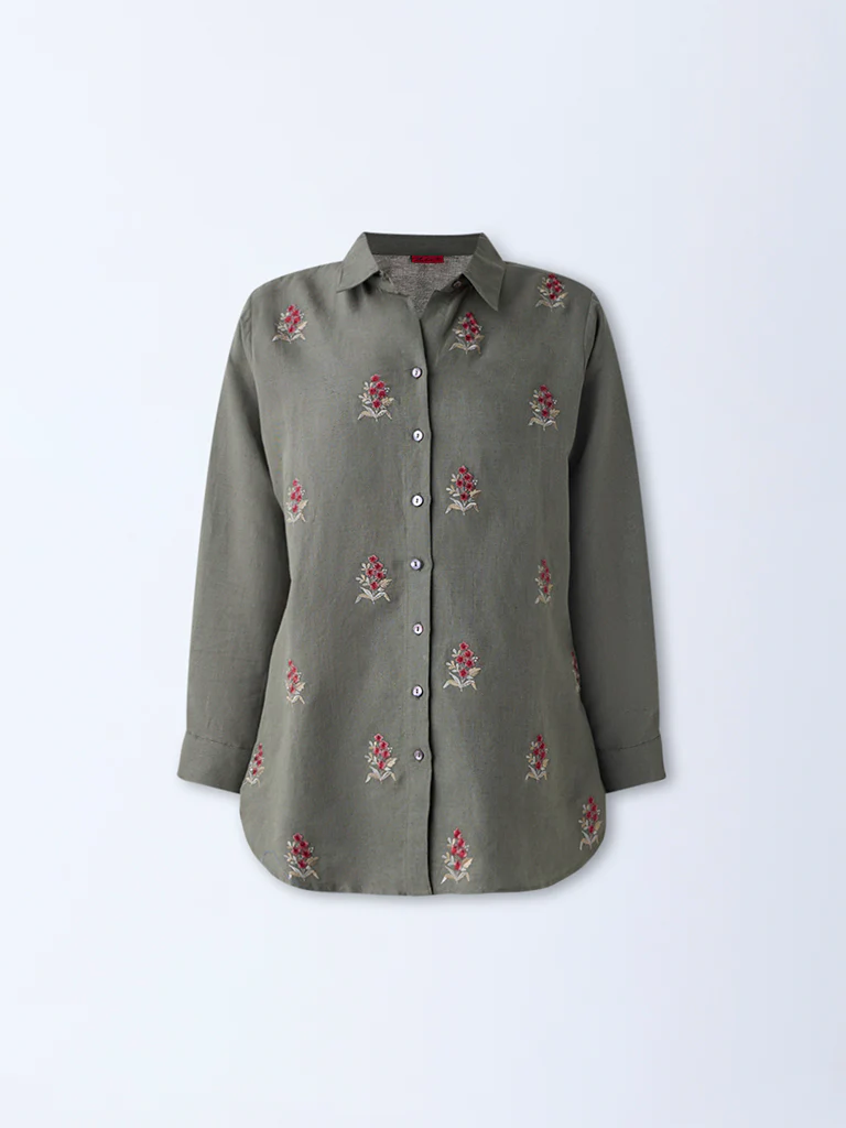 Zuba Olive Floral Embroidered Linen-Blend Tunic - Image 5