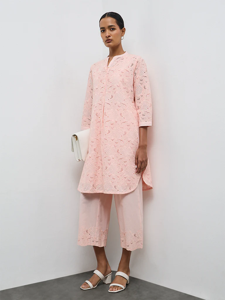 Zuba Peach Floral Embroidered A-Line Cotton Ethnic Set