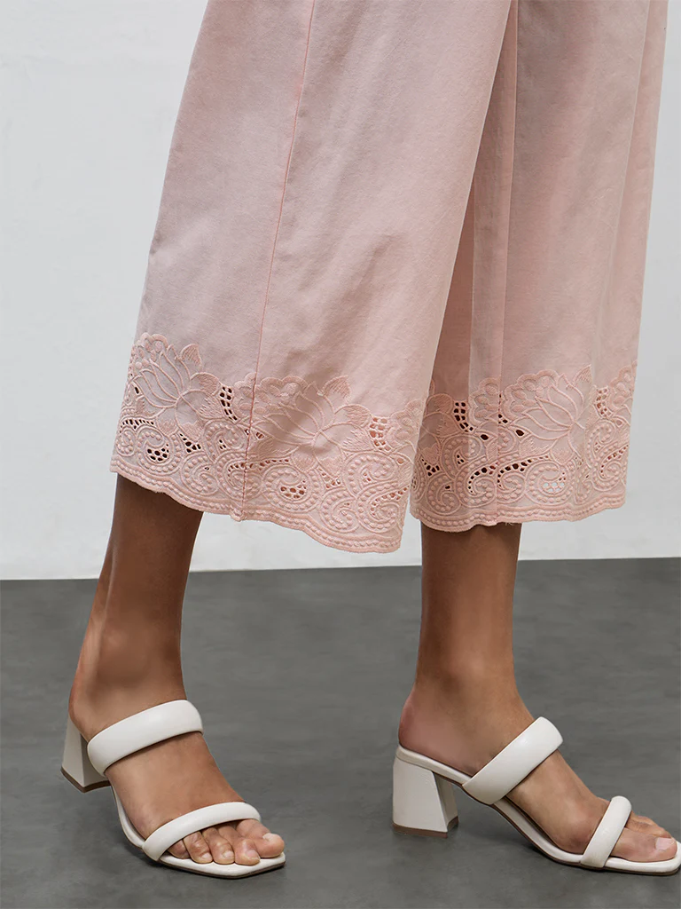 Zuba Peach Floral Embroidered Pants - Image 3