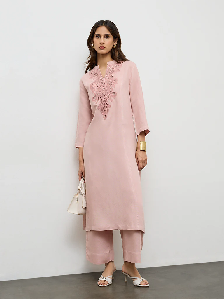 Zuba Pink Embroidered Cotton Linen A-Line Kurta