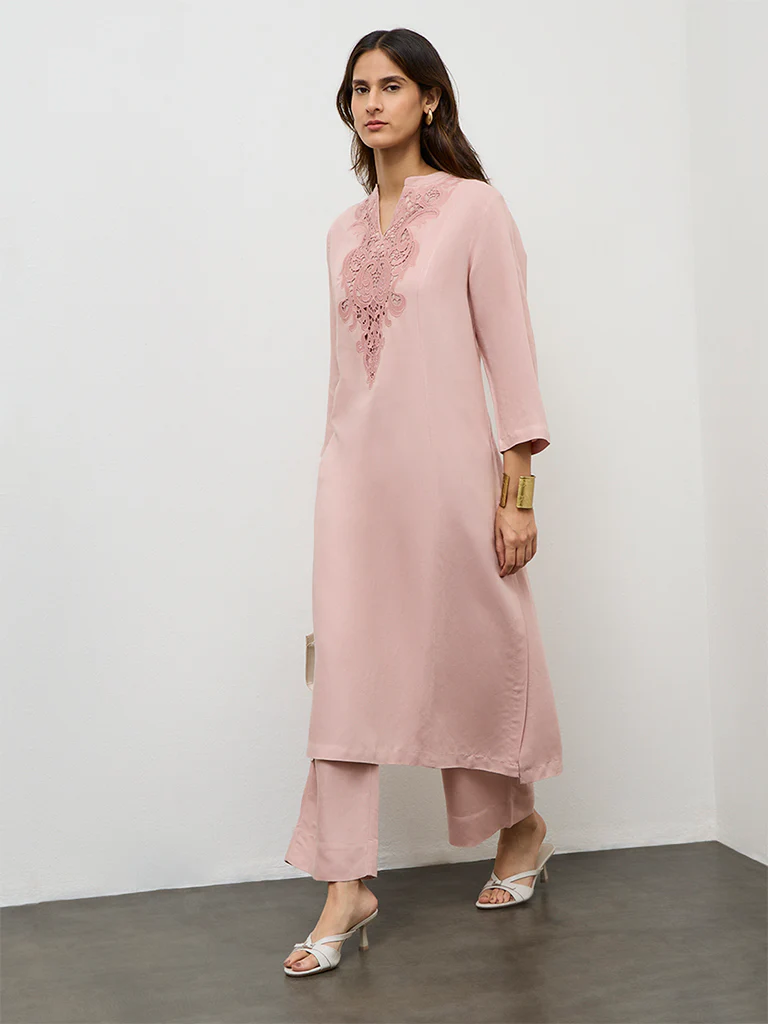 Zuba Pink Embroidered Cotton Linen A-Line Kurta - Image 2