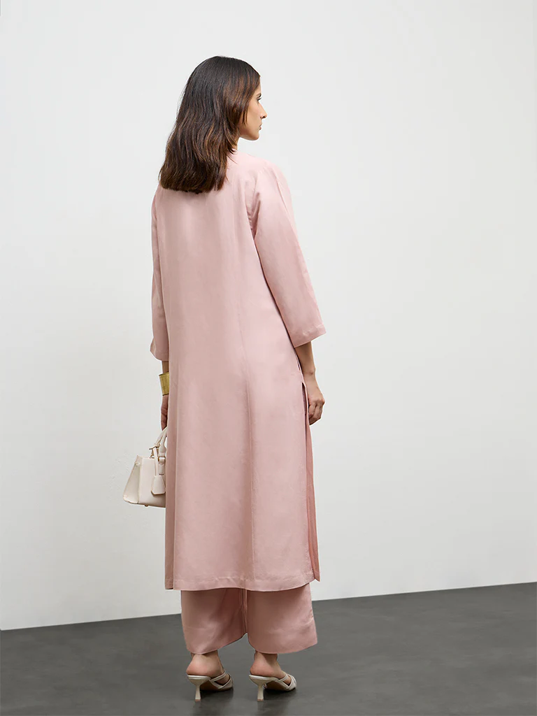 Zuba Pink Embroidered Cotton Linen A-Line Kurta - Image 4
