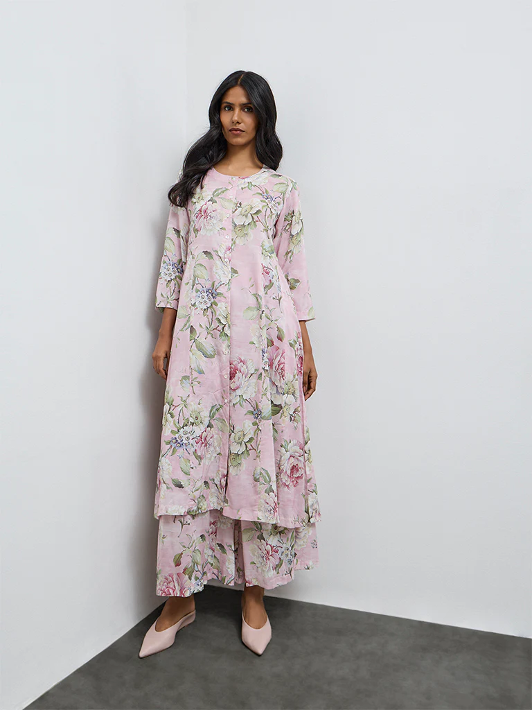 Zuba Pink Floral A-Line Kurta