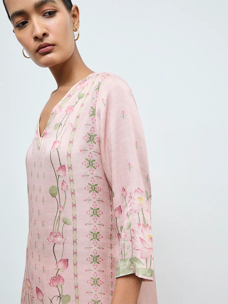 Zuba Pink Floral Pattern A-Line Kurta - Image 3