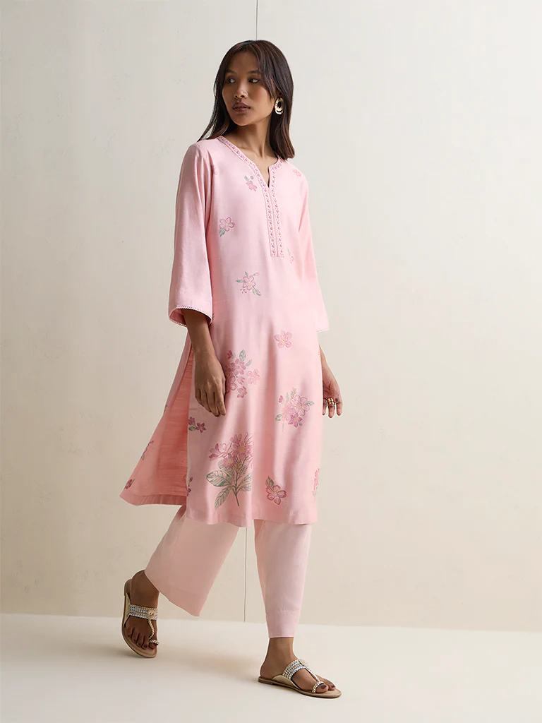 Zuba Pink Floral Pattern A-Line Kurta - Image 2