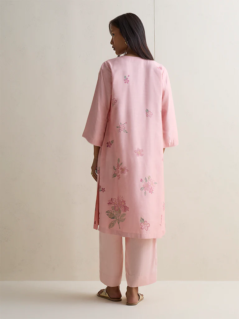 Zuba Pink Floral Pattern A-Line Kurta - Image 4