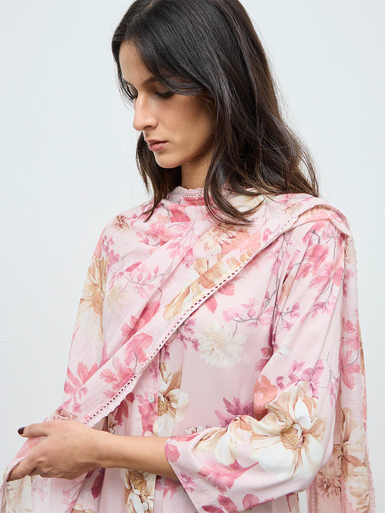 Zuba Pink Floral Pattern Cotton-Blend Dupatta