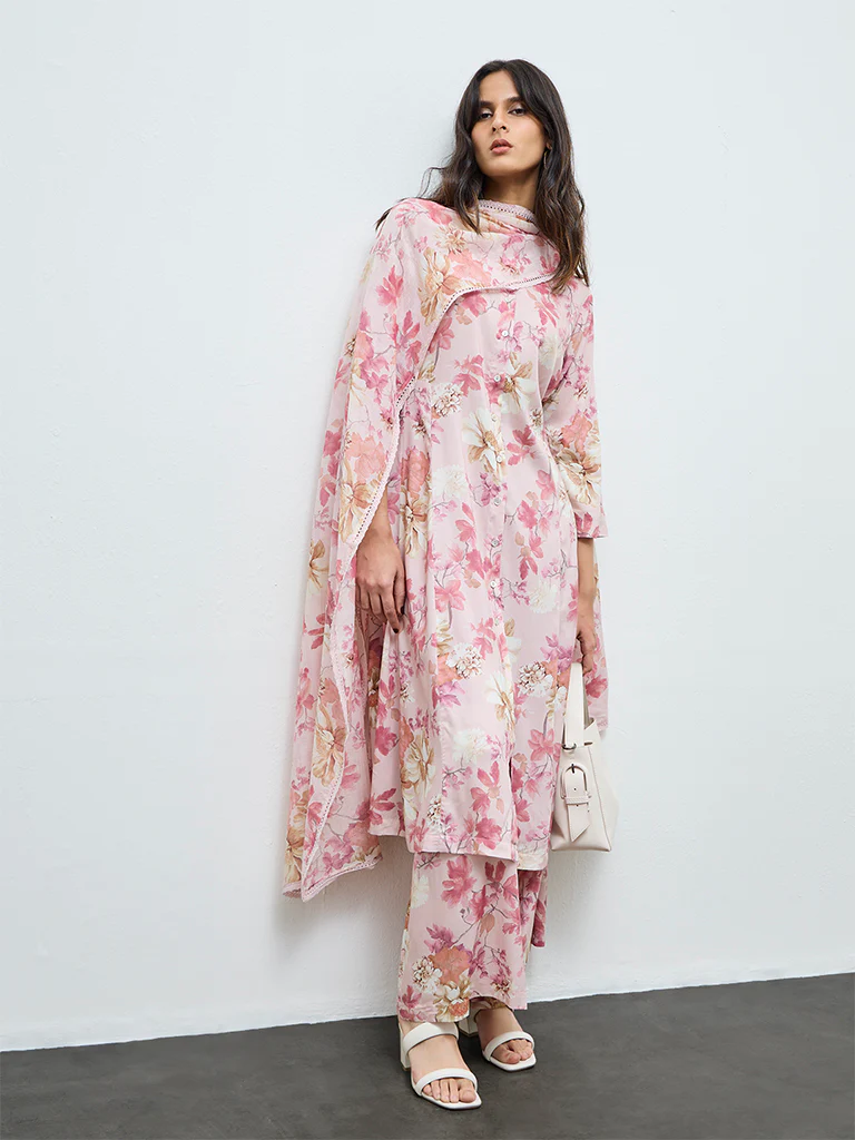 Zuba Pink Floral Printed A-Line Kurta - Image 2