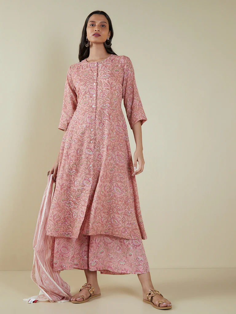 Zuba Pink Floral-Printed Cotton-Blend Stole - Image 3