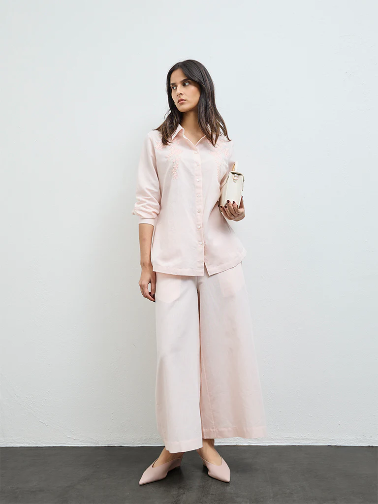 Zuba Pink Solid Cotton-Blend Palazzos - Image 2