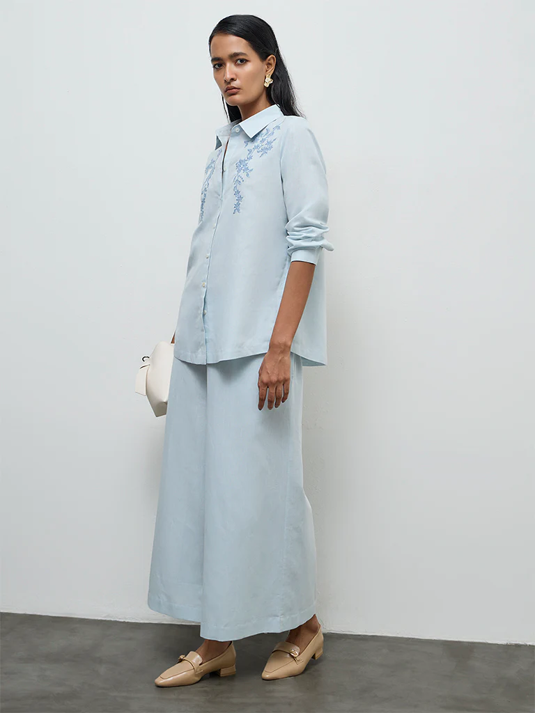 Zuba Powder Light Blue Floral Embroidered Cotton-Blend Tunic - Image 2