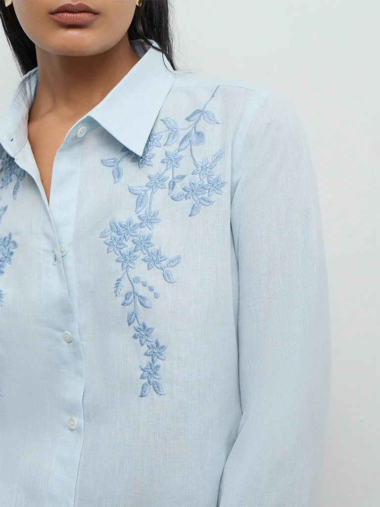 Zuba Powder Light Blue Floral Embroidered Cotton-Blend Tunic - Image 3