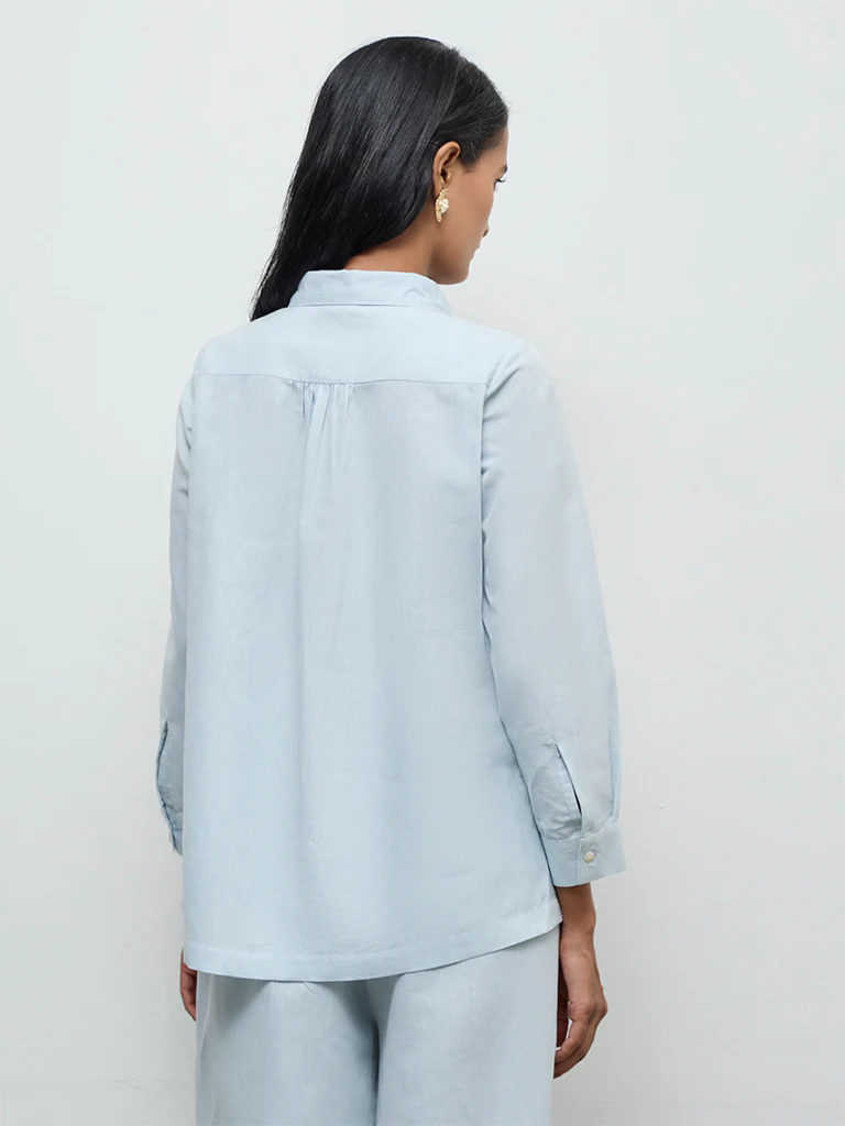 Zuba Powder Light Blue Floral Embroidered Cotton-Blend Tunic - Image 4