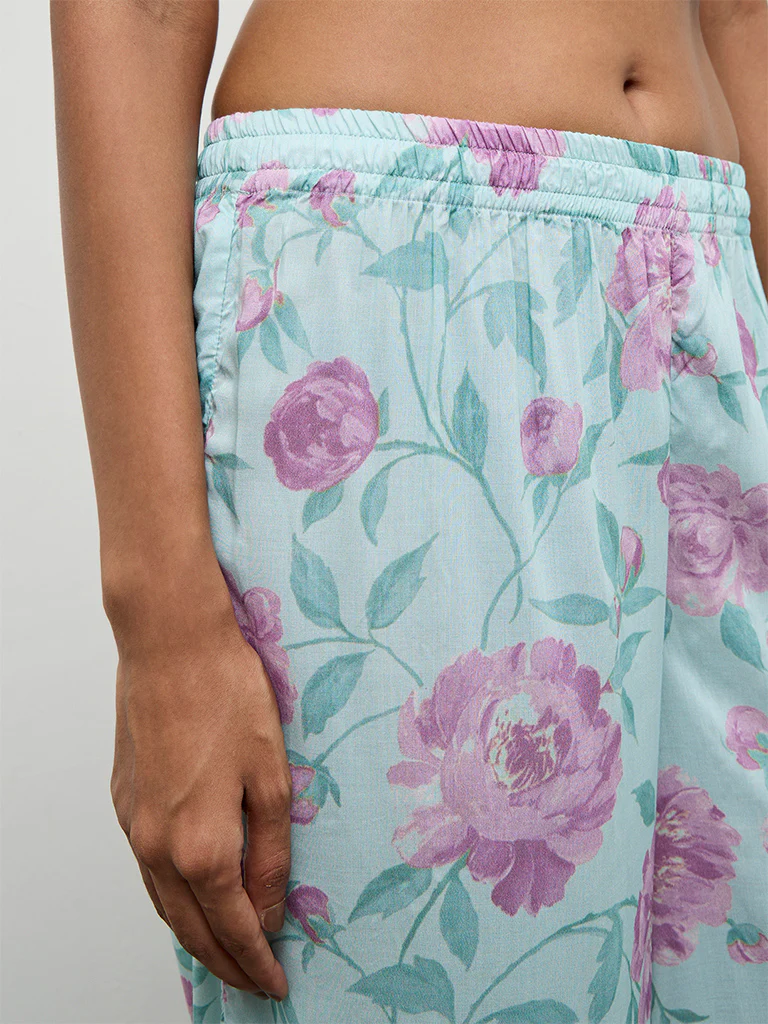 Zuba Sea Green Floral Printed Palazzos - Image 3