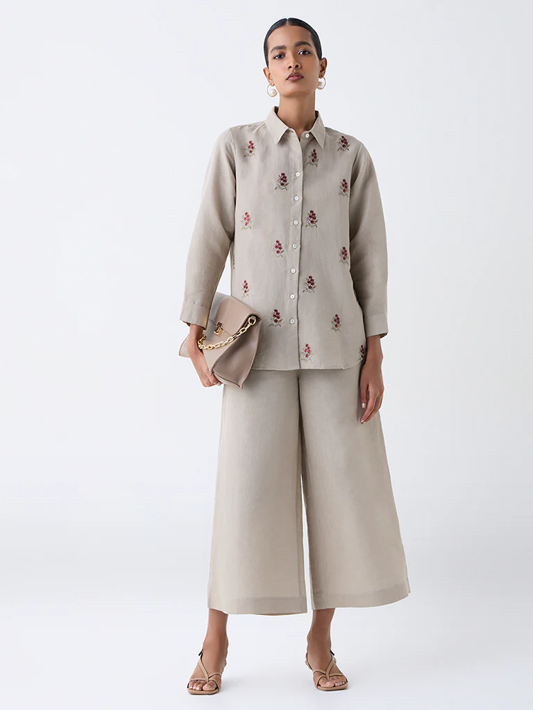 Zuba Taupe Floral Embroidered Linen-Blend Tunic