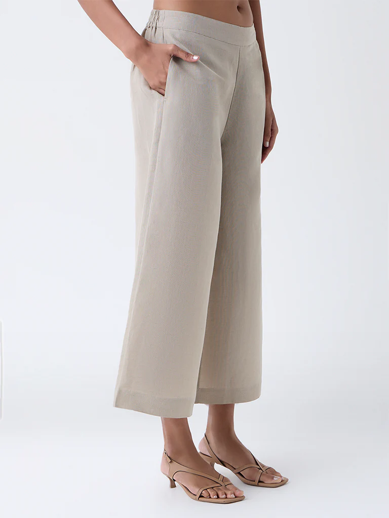 Zuba Taupe Solid Linen-Blend Ethnic Pants