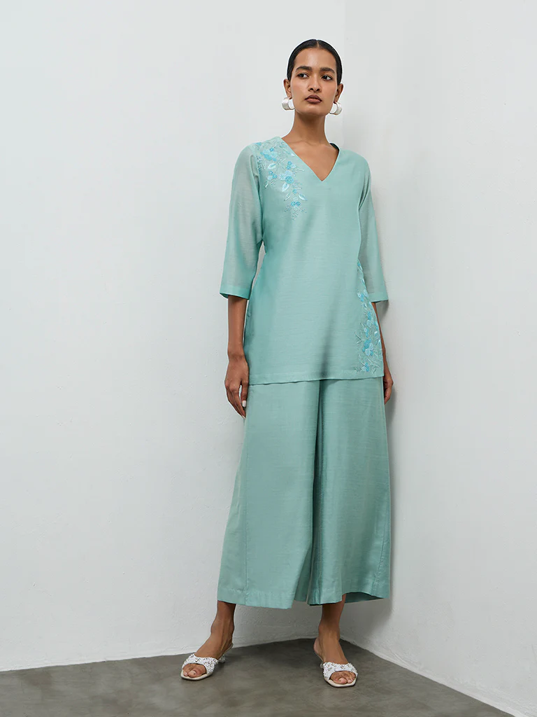 Zuba Turquoise Embroidered Cotton-Blend Tunic - Image 2