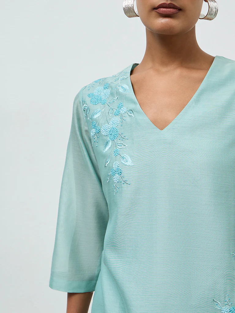 Zuba Turquoise Embroidered Cotton-Blend Tunic - Image 3