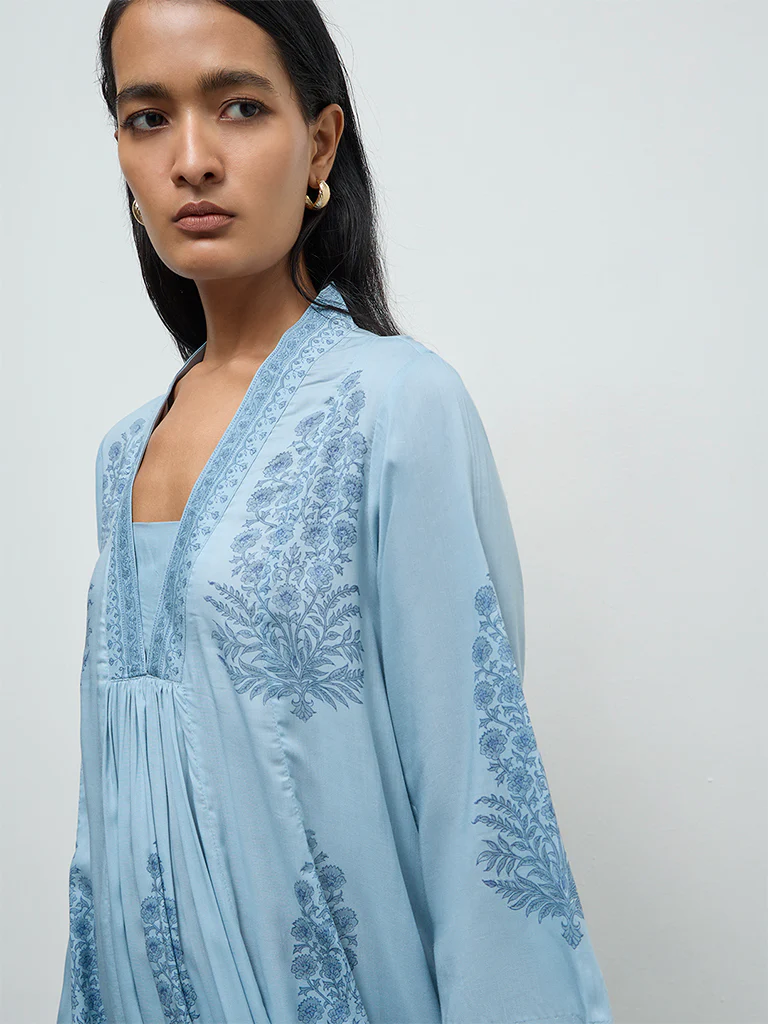 Zuba Wardrobe Blue Floral Printed A-Line Kurta - Image 3