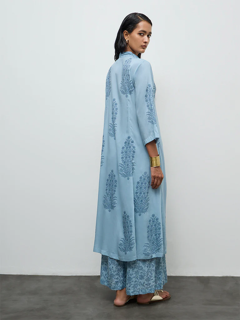 Zuba Wardrobe Blue Floral Printed A-Line Kurta - Image 4