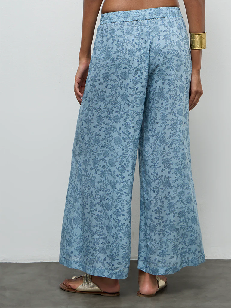 Zuba Wardrobe Blue Floral Printed Palazzos - Image 4