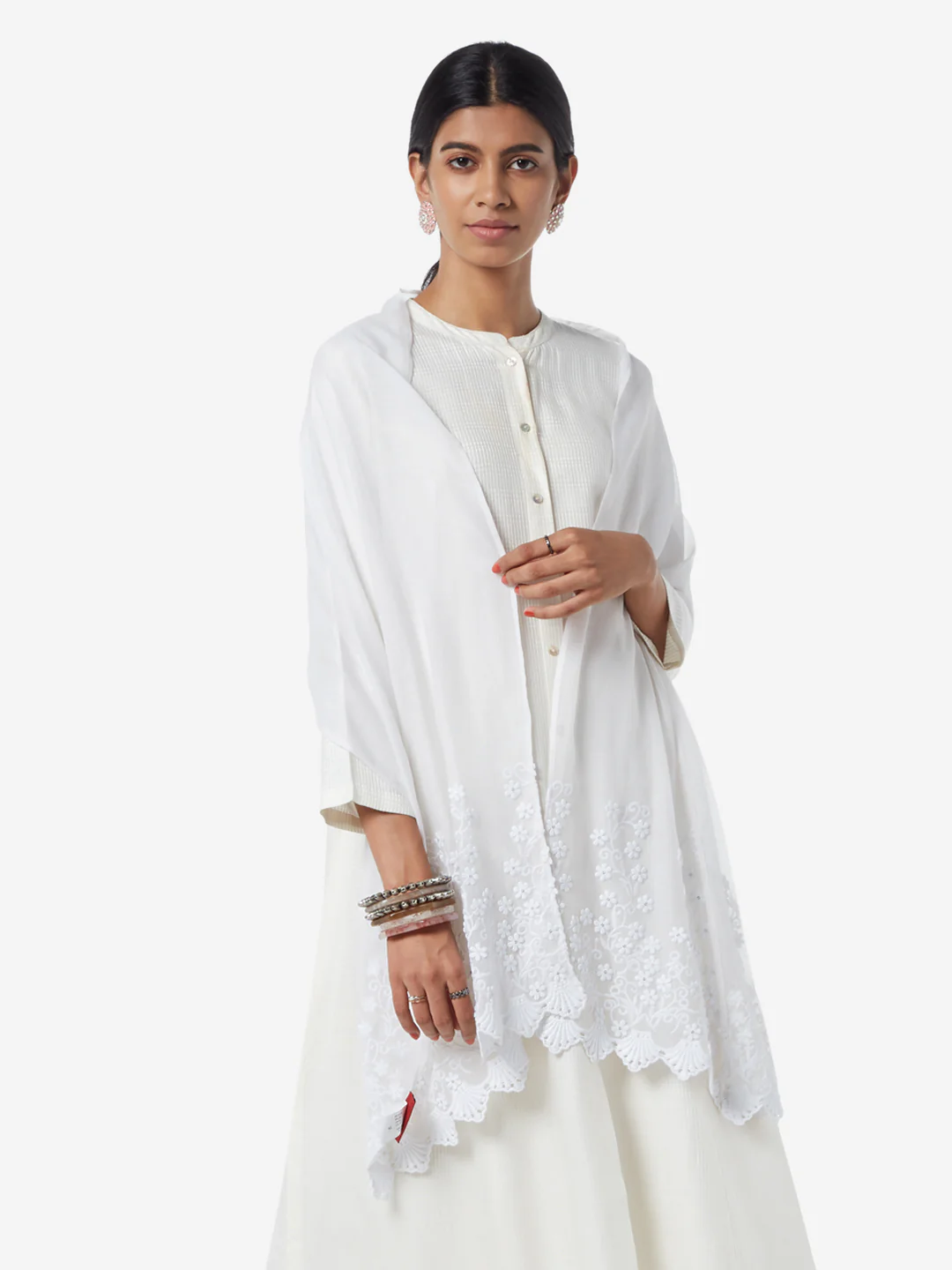 Zuba White Embroidered Cotton-Blend Stole - Image 3