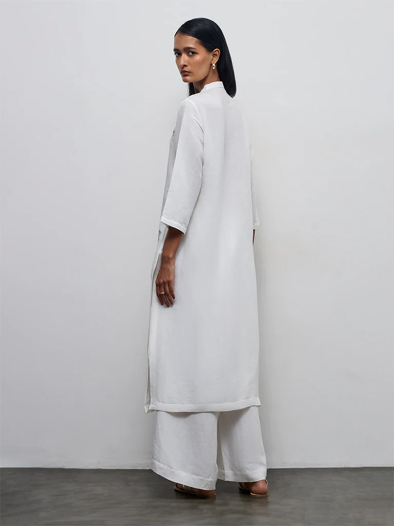 Zuba White Floral Embroidered A-Line Kurta - Image 4